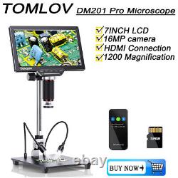 Microscope numérique HDMI TOMLOV 1200X avec écran LCD de 7 pouces, objectif pour pièces de monnaie et microsoudure, 32 Go