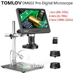 Microscope numérique HDMI TOMLOV DM602 Pro 10.1 2000X avec 3 objectifs et bras articulé avec support 64G