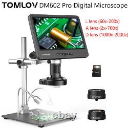 TOMLOV DM602 Pro 10.1 HDMI Microscope Numérique 2000X 3 Lentilles & Bras Pivotant Stand 64G